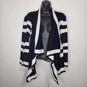 ST. JOHN Cascade Front Knit Cardigan Sz S Geometric Stripes Navy Off White